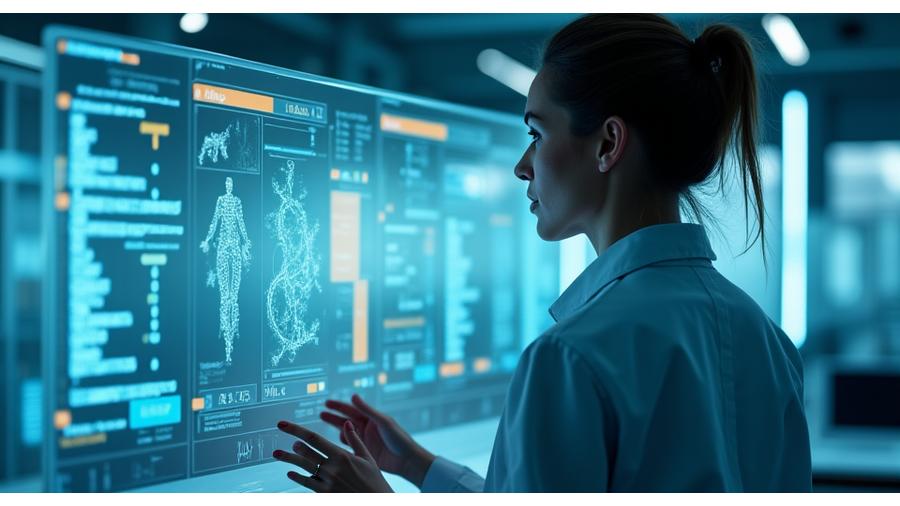 Scientist working in a modern lab with glowing holographic data visualizations