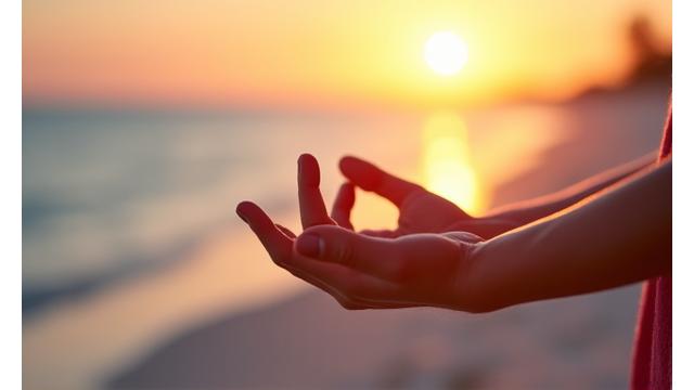 Person meditating peacefully on a beach at sunrise, representing stress management