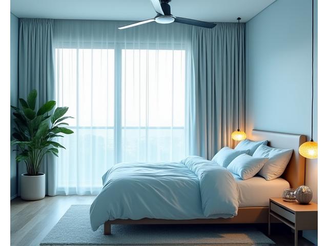 A serene, optimized bedroom in a Miami home with natural light and cool tones