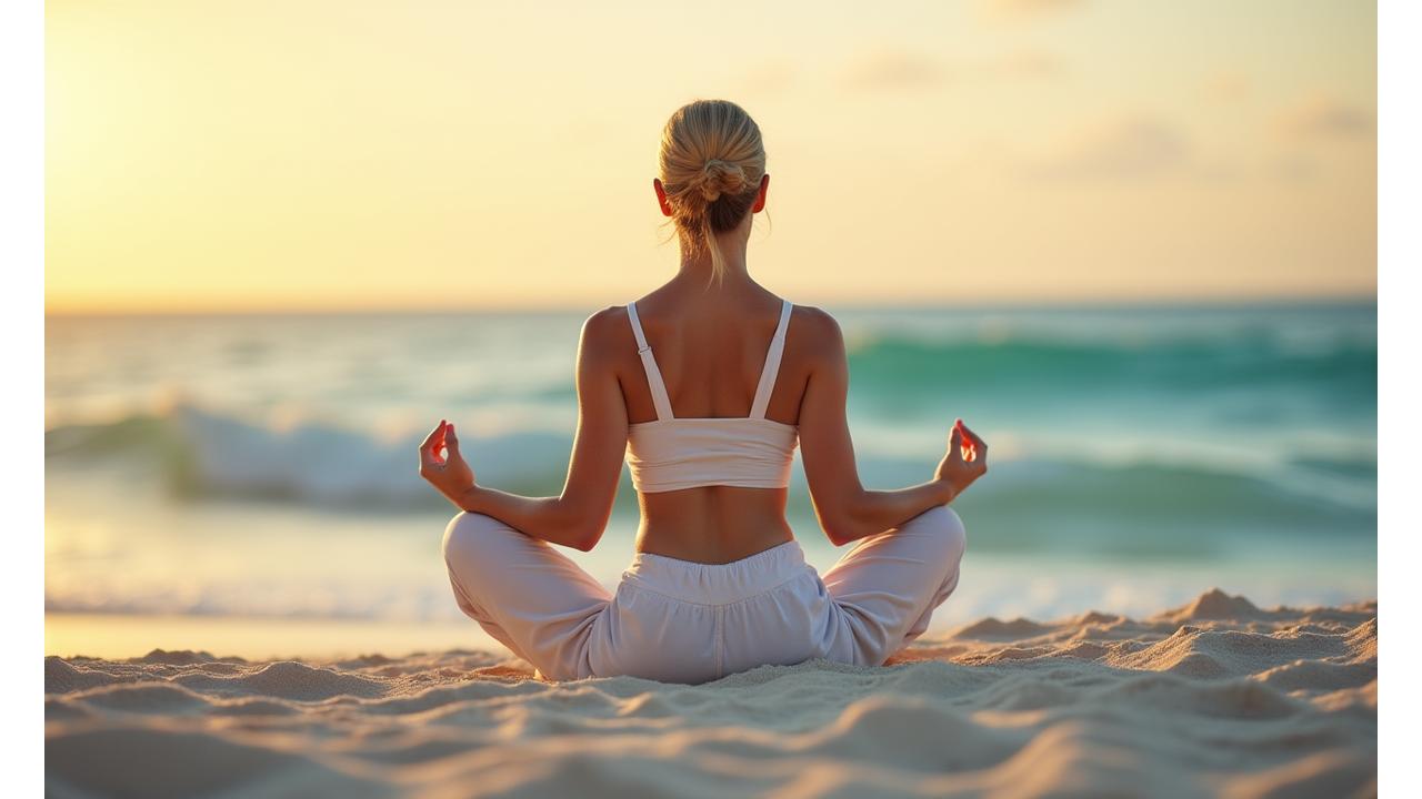 Woman meditating calmly by the Miami coastline at sunrise, embodying peace and resilience.