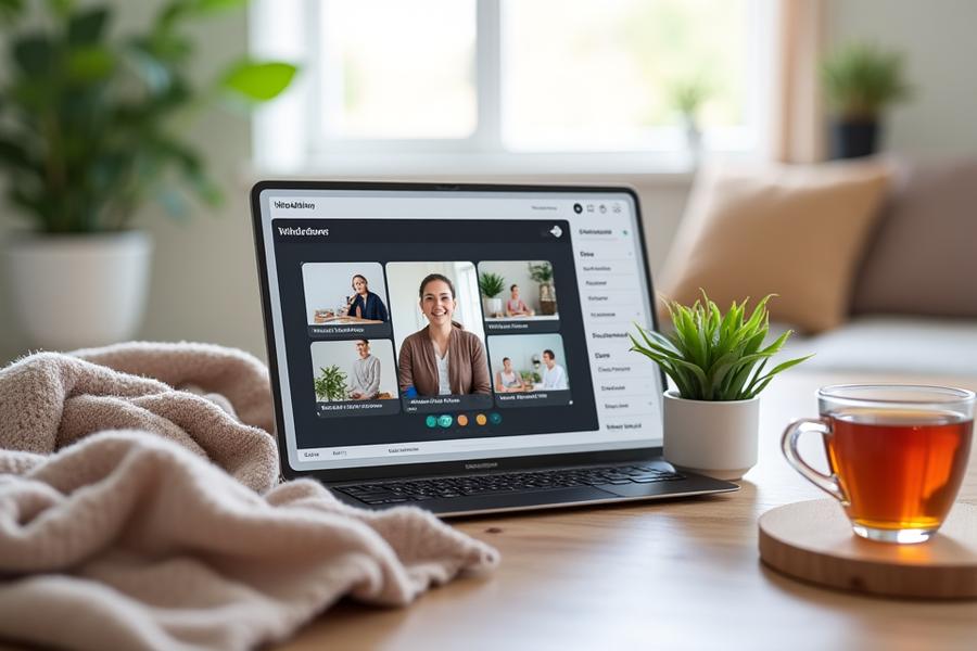 Tablet displaying a video player interface with various wellness workshop thumbnails, surrounded by comfortable home wellness items