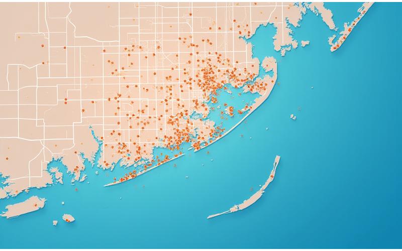 Stylized map of Miami with wellness activity pins and connection lines
